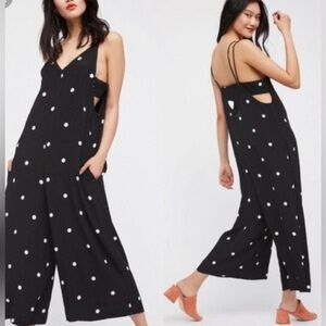 Free People Dream Big Black/White Polka Dot Wide Leg Jumpsuit Size XS